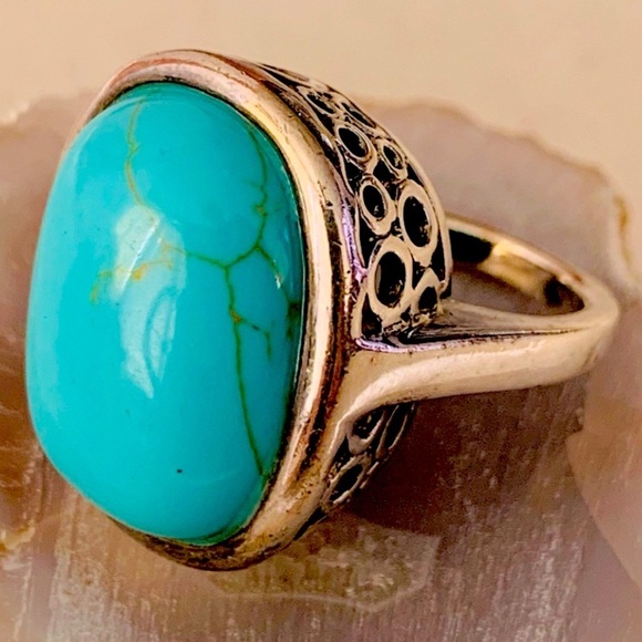 Gorgeous Sterling Silver Turquoise Filigree Circle Ring Size 6 Vintage - Picture 1 of 11